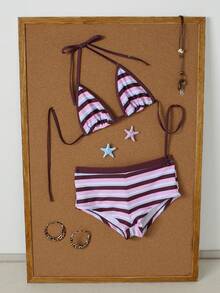 Conjunto de bikini a rayas rosa y morado para mujer, estilo sensual de vacaciones, traje de baño de 2 piezas, atuendo de playa de verano 2026, vestido de cumpleaños para mujer, ropa deportiva para mujer, vestido elegante para mujer, ropa de vacaciones para mujer, blusa casual para mujer - Multicolor - Ver 1