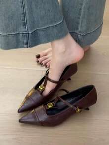 法式新款搭扣小猫跟玛丽珍鞋，优雅女士尖头细高跟鞋，适合办公室穿着 - 酒紅色 - 查看 5