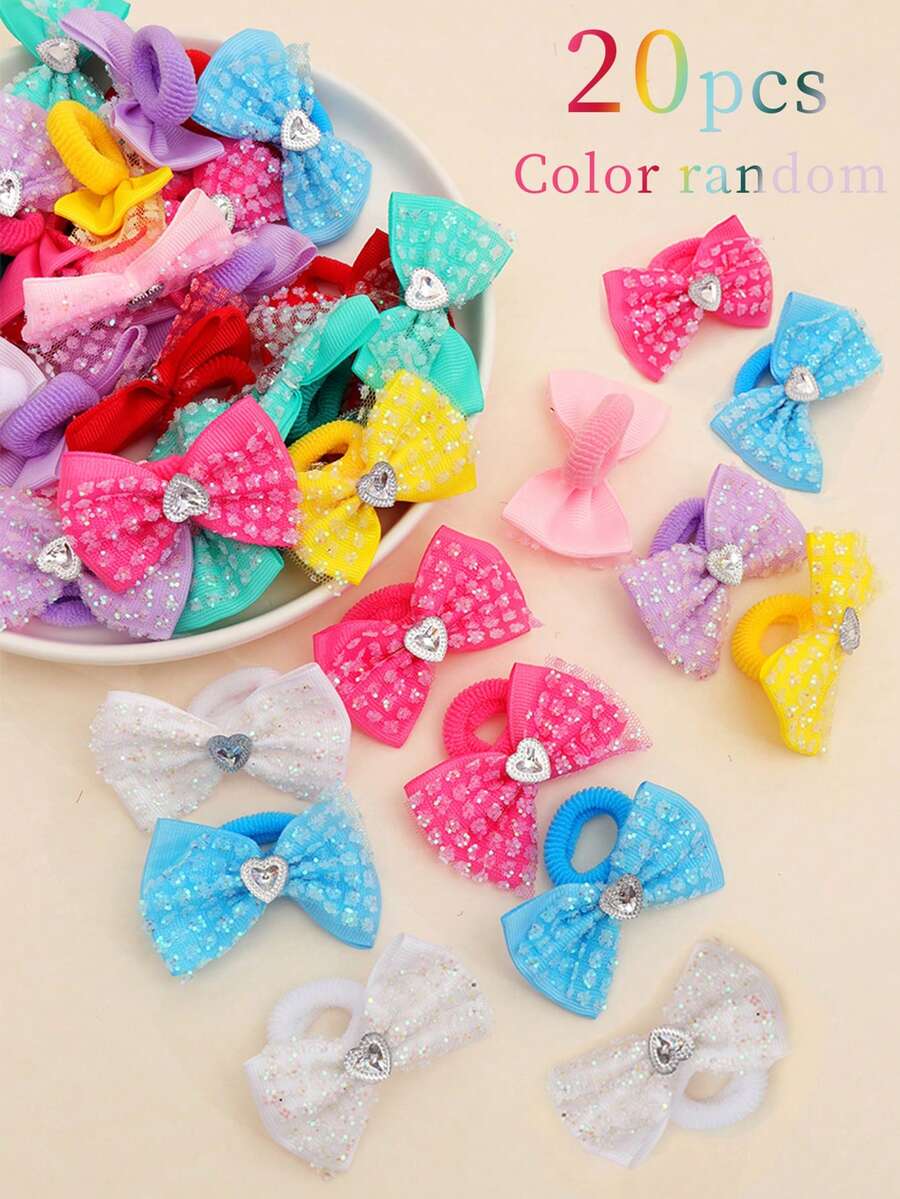 20个装女孩可爱亮片网纱蝴蝶结发圈，心形蝴蝶结发圈，适合日常生活和上学佩戴 - 彩色 - 查看 1
