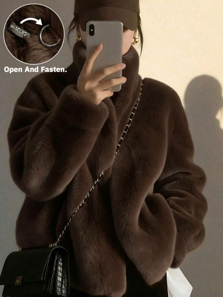 秋冬新款时尚优雅女士简约立领通勤修身仿皮草外套，短款貂皮大衣 - 摩卡棕 - 查看 1