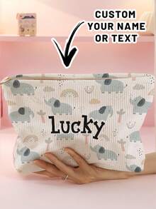 1pc Customized Name Cartoon Elephant & Rabbit Pattern Corduroy Toiletry Storage Bag, Perfect For Travel And Organizing Toiletries, Customizable Based On Your Unique Design, Ideal For Kids, Print Your Own Name Or Your Sister's And Classmate's Name As A Gift - Multicolor - View 14