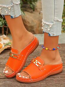 Sandal đế xuồng khoét mũi tròn màu cam thời trang mới mùa hè dành cho nữ, khóa kim loại, kiểu dáng slip-on, phù hợp cho hàng ngày, kỳ nghỉ, đi biển, nhẹ và thoải mái, họa tiết ngẫu nhiên. - Màu cam nổi - Xem 6