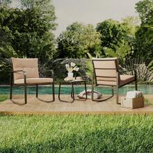 3 Piece Rocking Bistro Set, Black Steel Patio Furniture, Porch Chairs Conversation Set With Glass Coffee Table, Back Cushion, For Balcony, Garden, Deck, Backyard, Beige - 米色 - 查看 9