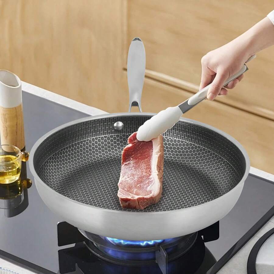 Poêle à frire en acier inoxydable à structure alvéolaire Ø 32 cm/28 cm, compatible induction, résistante aux rayures, pour plaques de cuisson à gaz, plaques à induction et fours vitrocéramiques - Argent 32 cm - Voir 1