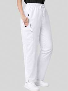 cimmuovere Pantalon droit à poche de couleur unie pour femmes grandes tailles. Tenue de travail pour infirmière, dentiste, soins de santé, animalerie, laboratoire. Blanc, printemps - Blanc - Voir 3