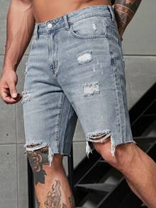 Men's Summer Ripped Five Quarter Denim Jeans With Plush Fabric, Street Tight, Non Elastic, Versatile, Classic Denim Shorts - Light Wash - View 1