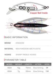 KINGDOM 1PC Slow Sinking Minnow Fishing Bait 55mm/70mm 7g/12g, Built-In Noise Ball, Low Air Resistance For Far Casting, Durable ABS Material, Freshwater Saltwater Trolling Lure - Multicolor - View 2