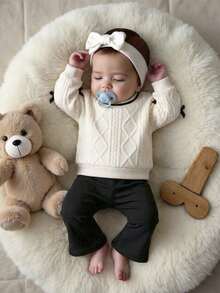 2 件套女婴休闲时尚可爱蝴蝶结装饰长袖条纹拼接上衣和喇叭裤套装，女婴服装，秋冬 - 彩色 - 查看 2