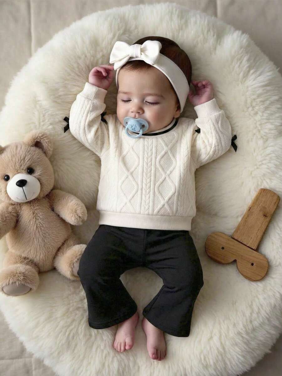 2pcs Baby Girls Casual Fashion Cute Bow Decor Long Sleeve Striped Splice Top And Flare Pants Set, Baby Girl Clothes, Autumn/Winter - Multicolor - View 1