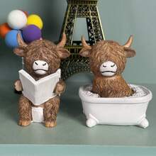 Interesting Bathroom Decor - Highland Cow Reading On Toilet Statue, Rustic Style Bathroom Decoration, Resin Made For Home Office Or Gift, No Power Needed, Humorous Design, Fine Texture - A - View 2