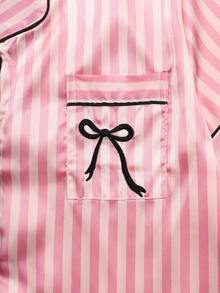 2Pcs Women's Pajama Set Features A Bowknot Embroidery And Striped Print On Satin Fabric, Including A Short-Sleeved Button-Down Shirt And Shorts, Perfect For Casual Loungewear In The Summer. - Watermelon Pink - View 5