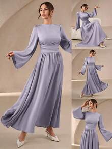 女士春夏灰紫色圆领喇叭袖长款连衣裙，优雅褶皱腰身喇叭长裙，适合办公室、度假、婚礼、约会和日常穿着。 - 紫色 - 查看 1