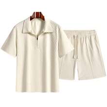 Conjunto deportivo casual para hombre, top de media cremallera de unicolor y pantalones cortos hasta la rodilla, para verano - Blanco - Ver 2