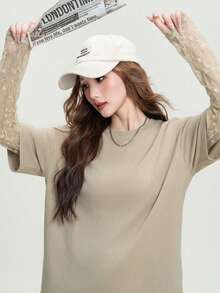 JUTU Khaki Romantic Loose Round Neck Lace Patchwork Sleeve 2 In 1 Solid Color Spring Women Long Sleeve T-Shirt Summer Casual - 2A11 Khaki - View 7