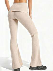 Women's Flared Pants Stylish Solid Color Ribbed Fold-down Waist Design Casual Slim Fit Bell Bottoms - Champán - Ver 4