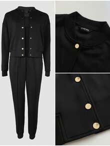 ChicMe Bộ 3 món dành cho nữ: áo tank top không tay kẻ sọc, áo khoác cài nút phía trước và quần short, trang phục thể thao thường ngày thời trang. - Đen và Trắng - Xem 6