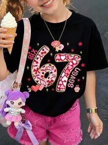 少女卡通爱心“67”印花短袖T恤，少女夏季圆领衬衫 - 黑色 - 查看 1