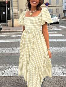 2026 Spring & Summer Women's Plaid Elegant Bohemian Casual Puff Sleeve Ruffle Hem Pleated Coffee Color Dress, Women's Concert Outfit, Street Style, Women's Valentine's Day Outfit - 杏 - 查看 4