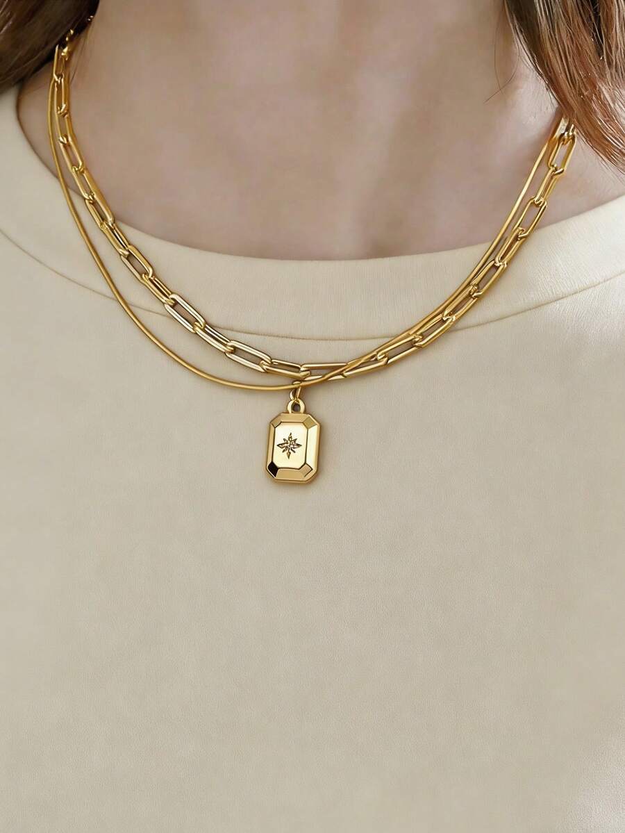 Nooxian 2pcs Gold-Tone Multi-Layer Chic Versatile Rectangular Copper Micro-Inlaid Zirconia Necklace Set, Suitable For Daily Wear And Festivals, Gift