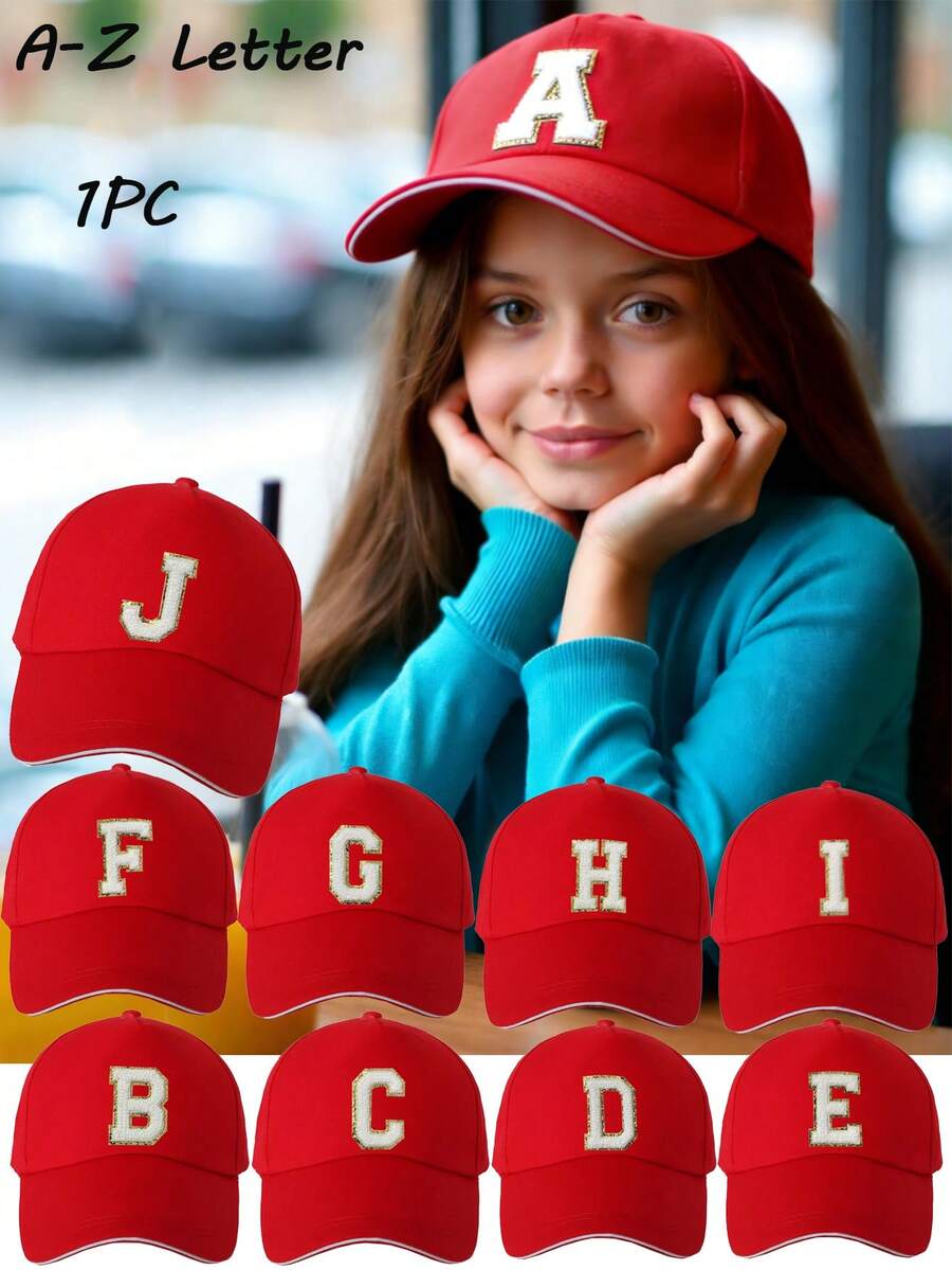 1 PC Children 26 Alphabet Personalized Sun Hat Baseball Caps Girls Boys Snapback Hat Adjustment Outdoor Casual Sun Hats 8-16Y - Red - View 1