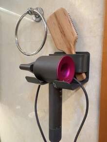 1pc Plastic Wall-Mounted Hair Dryer Holder - Bathroom Hair Dryer Storage Rack, No Drilling Required With Plug Hook - Multicolor - View 2