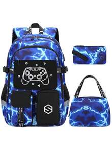 1 Set Kids Backpack With Cool Pattern, USB Charging Port, Game Controller Print, Includes Lunch Bag, Luggage Strap, Zipper Closure, Multi-Pocket Design, Suitable For Daily Use, Camouflage Blue/Red Set - Lightning - View 14