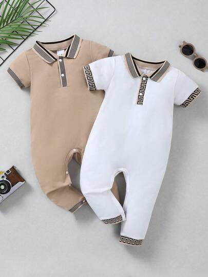 2pcs Baby Boys' Patchwork Maze & Striped Pattern Polo Collar Solid Color Romper, Suitable For Outdoor Activities And Daily Wear, Spring/Summer