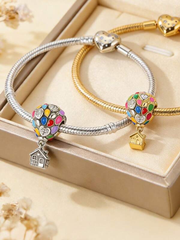 1 Piece Original Design Golden Silver Color Hot Air Balloon House Pendant Bracelet Set Exquisite Enamel Colorful Charm With Tiny House Drop Dual-Tone Polished Metal Bracelets For Women Versatile Daily & Occasion Wear Luminous Enamel Detailing Premium Craftsmanship Ideal Gift For Her Unique Whimsical Jewelry Design