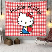 SANRIO 1件 Hello Kitty，三丽鸥可爱风，红色格子印花挂毯，可爱海报墙挂艺术装饰，美观背景布 - 彩色 - 查看 3