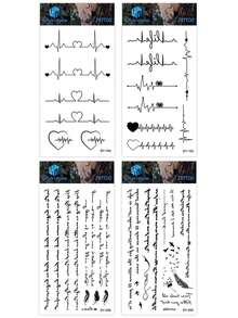 Small Floral Arm Fine Line Temporary Tattoos, Minimalist Heart-Stirring Line Art, Heartbeat, Music Notes, Words, Suitable For Wrist, Ankle, Shoulder, Neck, Collarbone, Waterproof, Realistic Tattoo Stickers For Music Festivals, Celebrations, Valentine's Day, Party Gifts - Black - View 7