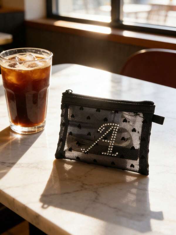 A-Z Rhinestone Initial Mesh Coin Purse, Polka Dot Sheer Zipper Pouch For Small Essentials, Ideal For Storing Lipsticks, Coins, Earphones & Jewelry, Adding A Sparkly Glam Touch To Daily Accessories, Suitable For Fashion Enthusiasts, Students, Gift Givers & Letter Initial Lovers, Perfect For Daily Commutes, Shopping Sprees, Travel & Gift-Giving, Compact Portable Design, Versatile As Coin Pouch