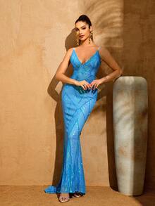 LOVE&LEMONADE Đầm dạ hội dài màu xanh nhạt gợi cảm dành cho nữ, kiểu dáng hai dây, họa tiết hình học, đính sequin, thích hợp cho đám cưới, kỳ nghỉ, mùa xuân. - Màu xanh nhạt - Xem 4