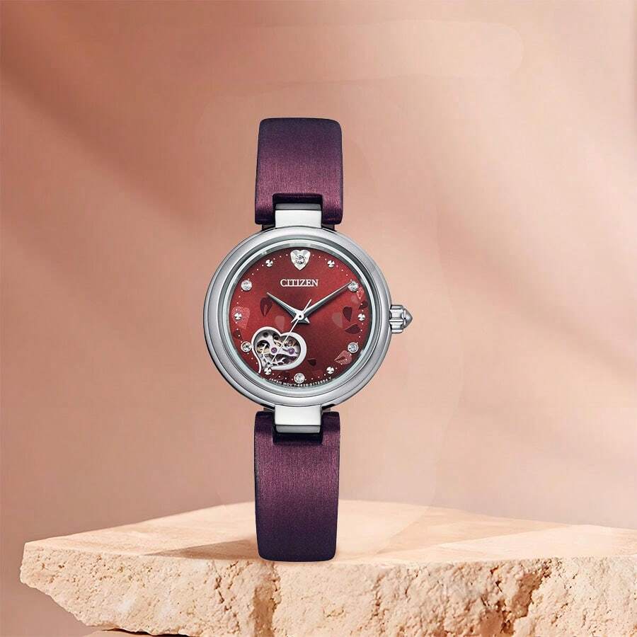 CITIZEN Women's Cute Fairy Style Hollow Mechanical Wrist Watch, Unique Lug Design, Silver Case, Elegant Gift For Daily Wear - Burgundy - View 1