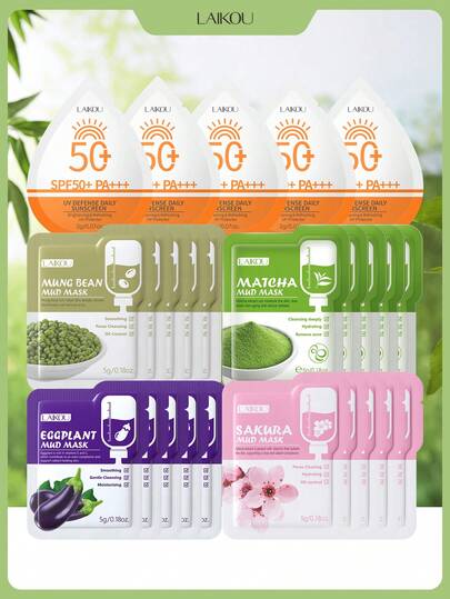 一套混合泥面膜套装，20片*5克（樱花、抹茶、绿豆、茄子），成人洁面面膜 + 5片*2克美白防晒霜，旅行装，适合海滩、派对、护肤