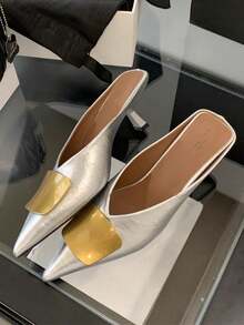 Women's Fashionable Pointed Toe High Heel Shoes, Elegant Mule Shoes, Kitten Heel Shoes For Wedding - Silver - View 2