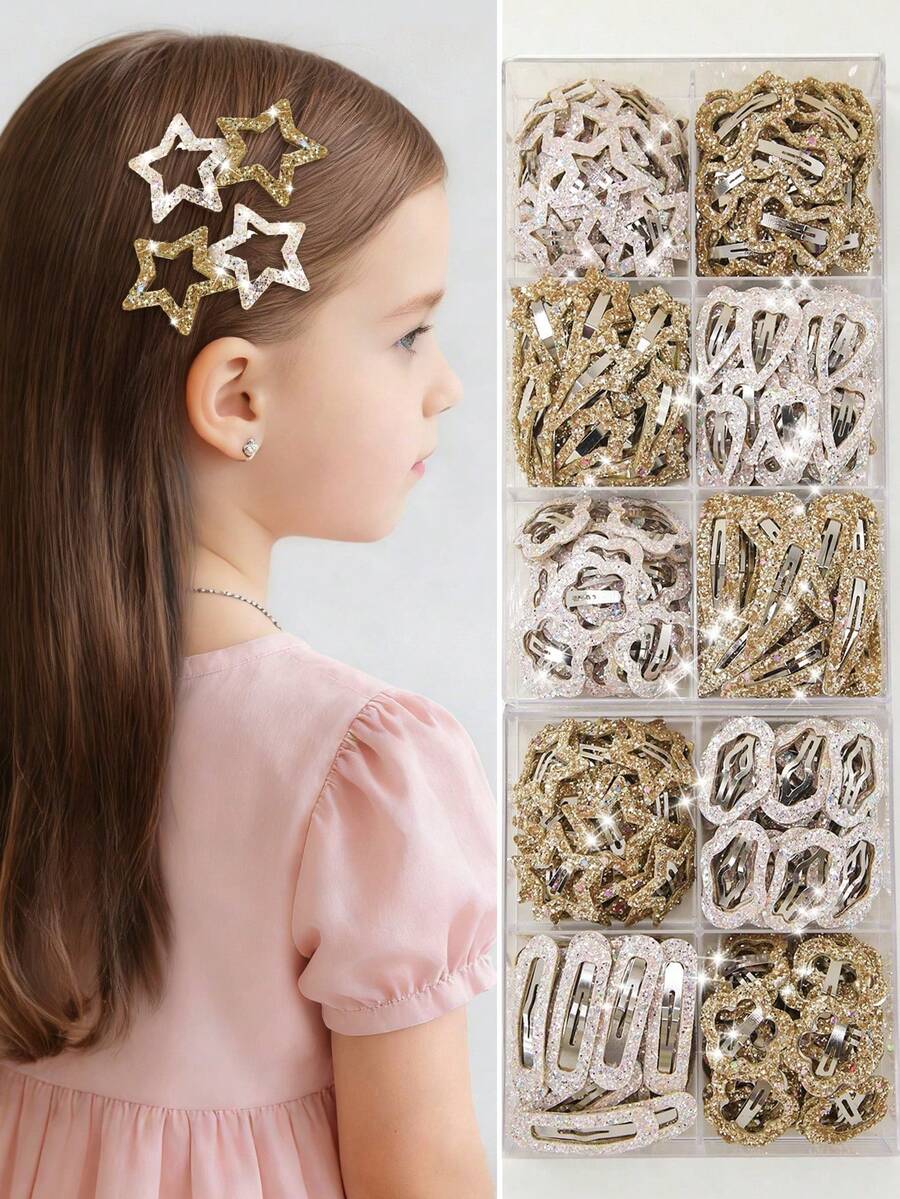 20pcs Girls/Teens Assorted Styles Glitter Star, Heart, Teardrop, Cloud, Bow, Bear Hair Clips, Cute Princess Hair Accessories, Everyday Use - Multicolor - View 1