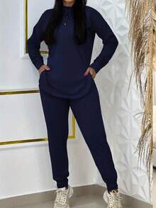 2pcs/Set Women Solid Color Drawstring Hooded Long Sleeve Top And Pants Casual Suit, Spring Fall Cloth For Women - Màu xanh dương *Kiểu dáng thể thao mùa xuân - Xem 3
