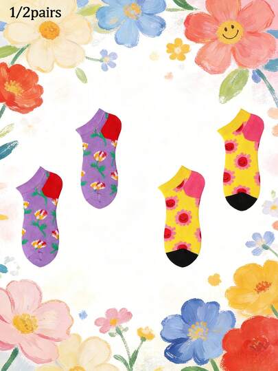 半双男女通用花卉船袜 - 俏皮水彩设计（花卉植物印花），创意新颖的日常休闲袜，自然与可爱风格爱好者的理想礼物，四季皆宜的时尚休闲袜