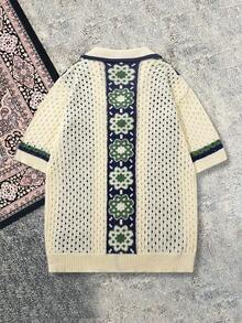 Spring/Summer Men's Neutral Polo Collar Knit Hollow-Out Short Sleeve Cardigan T-Shirt, Casual Vacation Wear - Apricot - View 4