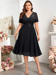 Đầm xòe chữ A bằng chiffon in ren, cổ chữ V, cỡ lớn, thích hợp cho Ngày Valentine, mùa hè, sinh nhật, lễ tốt nghiệp, tựu trường, màu đen thanh lịch. - màu đen - Xem 8