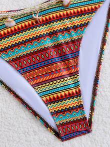 豹纹印花可调节比基尼两件套，女士挂脖泳衣沙滩度假泳装夏季 - 棕色 - 查看 6