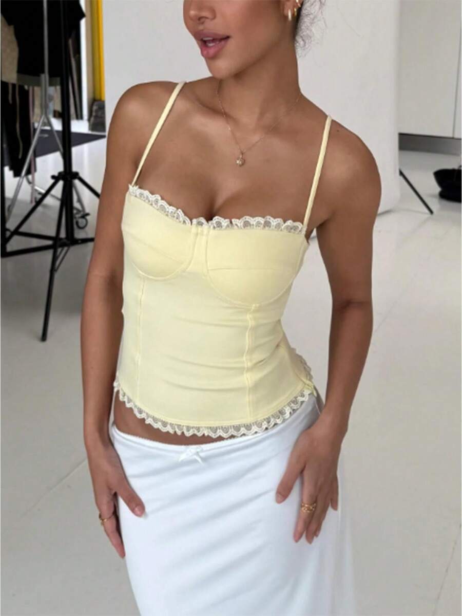 .Y Lace Trim Corset Top Low Cut Bustier Tops For Women Sleeveless Spaghetti Strap Crop Top For Going Out Party Club - Yellow - View 1