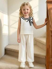 2pcs/Set Young Girls Casual Minimalist Black & White Patchwork Bow Decor Sleeveless Top And Pants Set, Spring/Summer/Autumn - Apricot - View 6