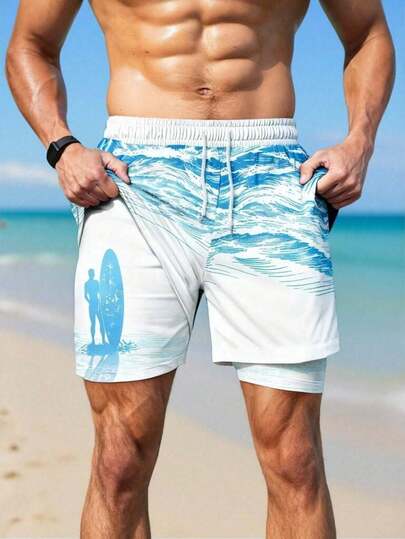 Men's Wave & Sailboat Print Double-Layer Beach Shorts, Suitable For Summer Vacation Casual Style