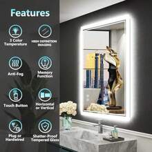 jjuyEspeo para Baño - 90 x 70 Cuadrado Espeo LED de Baño con Baño Antivao Iluminado en 3 Cos Funcion de Memoria d Templado Dormito para Sala Entradaespejo para baño - Blanco - Ver 2