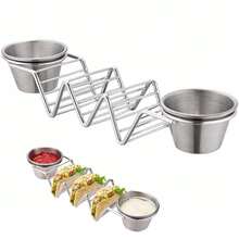 Soporte para tacos de acero inoxidable con 2 tazas de salsa, soporte para tacos que sostiene 3 tortillas, bandeja para tacos, platos que se adaptan a freidoras de aire y hornos, utensilios de cocina - Conjunto de oro rosa - Ver 1
