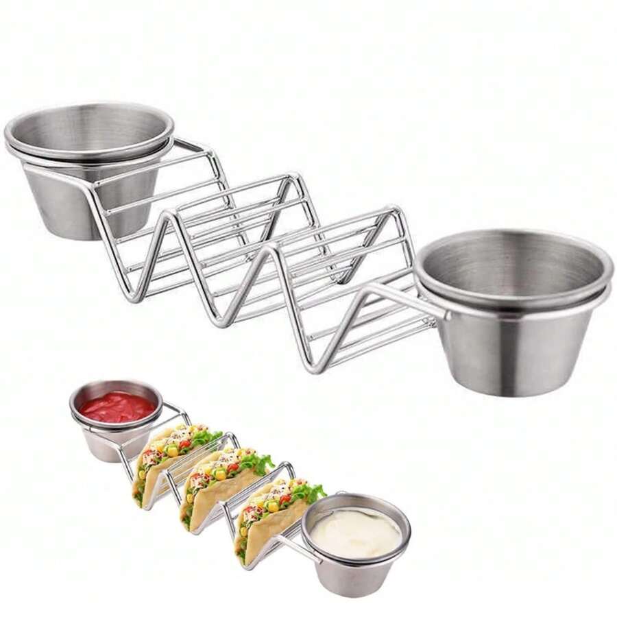 Soporte para tacos de acero inoxidable con 2 tazas de salsa, soporte para tacos que sostiene 3 tortillas, bandeja para tacos, platos que se adaptan a freidoras de aire y hornos, utensilios de cocina - Conjunto de oro rosa - Ver 1