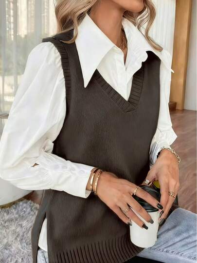 极简纯色V领套头针织背心