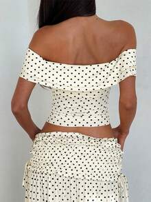 Women's Sexy Shoulder-Sleeved Plunging Top And Stylish Polka-Dot Side-Belted Bow Long Skirt Two-Piece Set, For Ladies' Casual Vacation Wear - Màu be - Xem 5