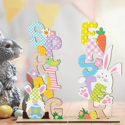 半件套复活节快乐木质桌面摆件 | 饰有“春天”和“复活节”主题字母，搭配兔耳朵、迷你小矮人、白兔、复活节彩蛋、胡萝卜和花朵图案 | 现代风格，完美的复活节主题礼物
